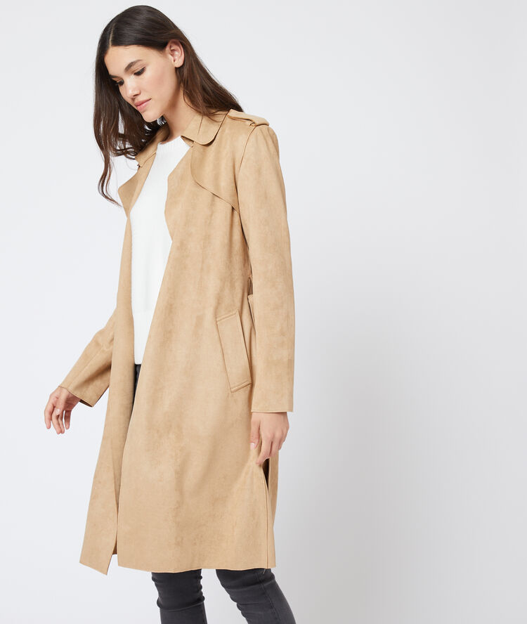 Manteau ceinturé effet daim ecru.