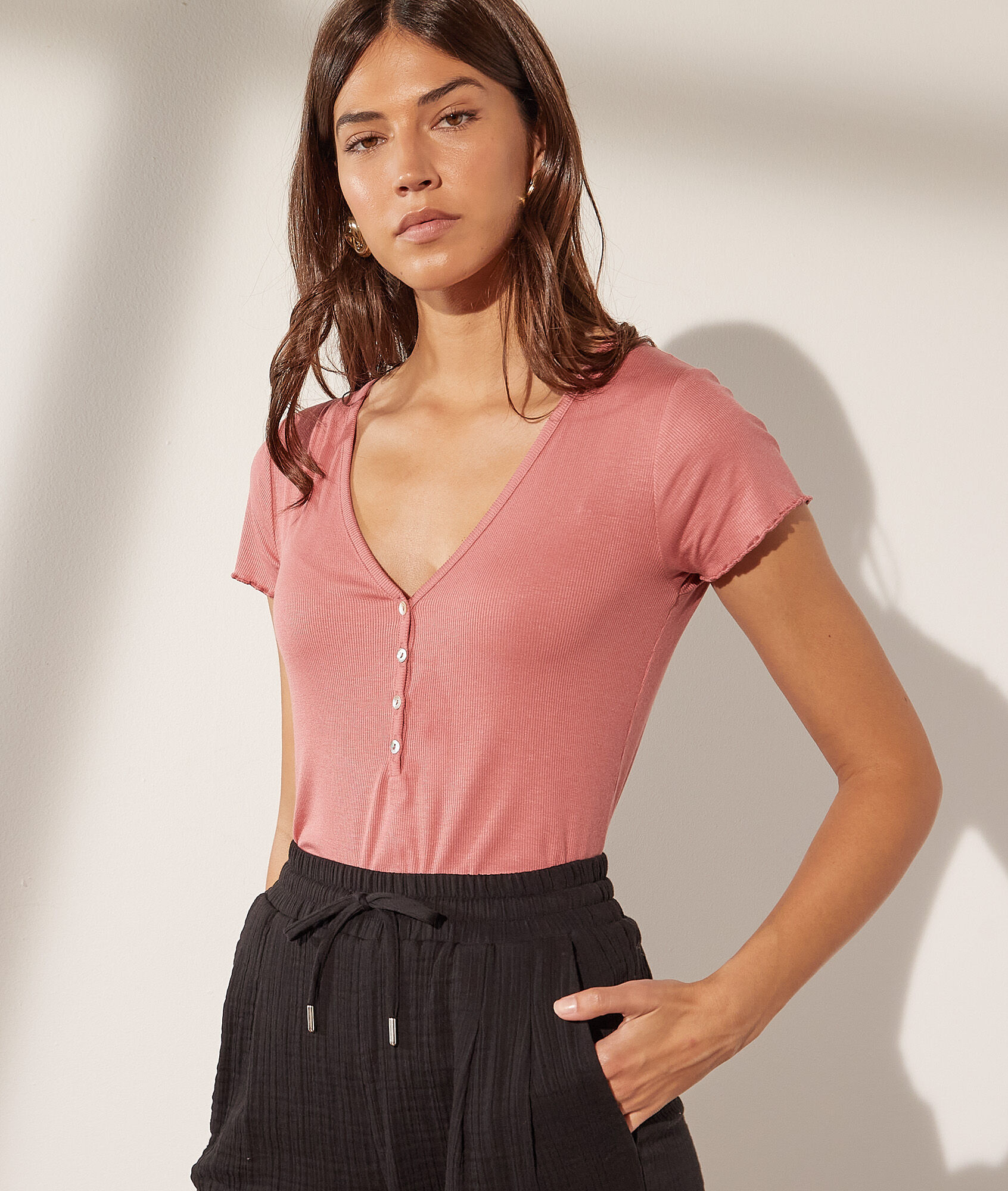 T-shirt col v boutonné - Zelie - XS - Rose - Femme - Etam