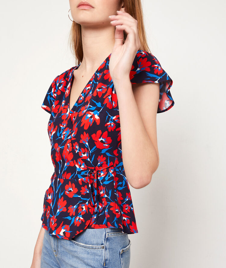 Blouse cache-coeur imprimé fleuri marine.