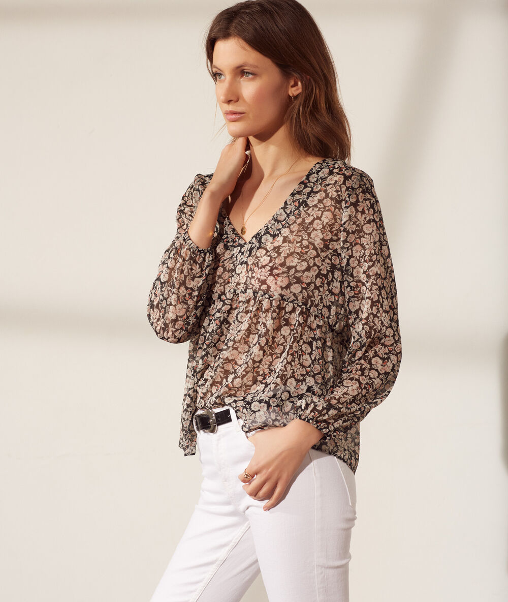 Blouse fluide imprimé fleuri noir.