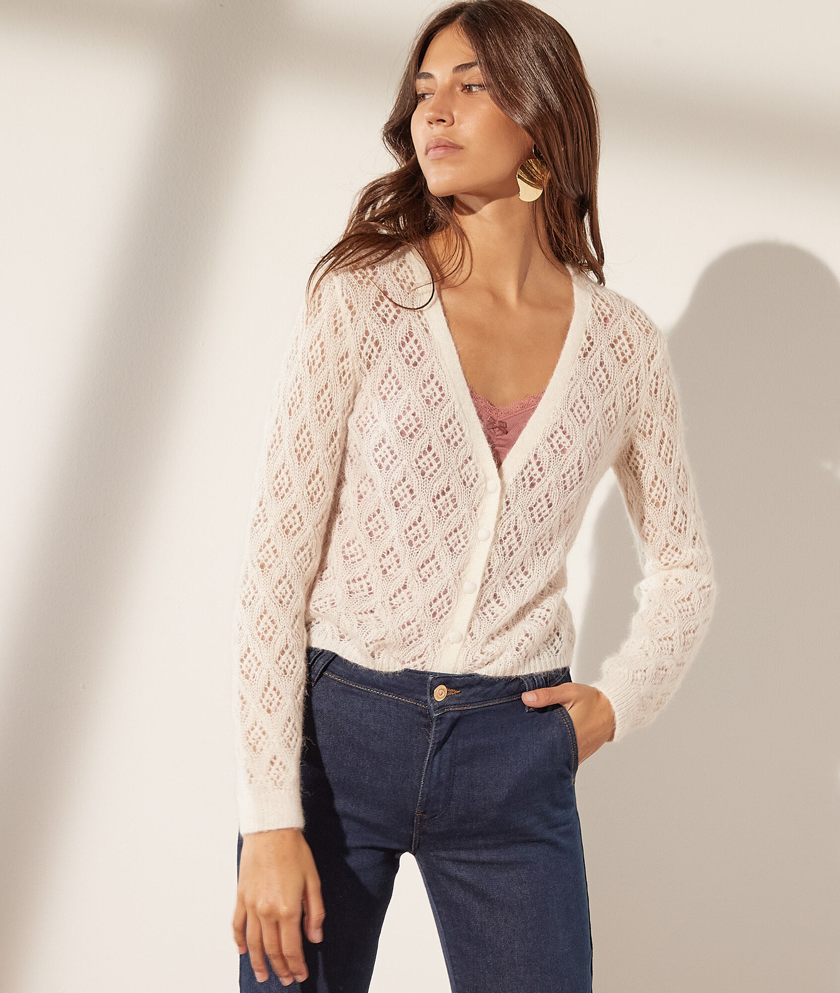 Gilet en maille ajourée - Marnie - XS - Ecru - Femme - Etam