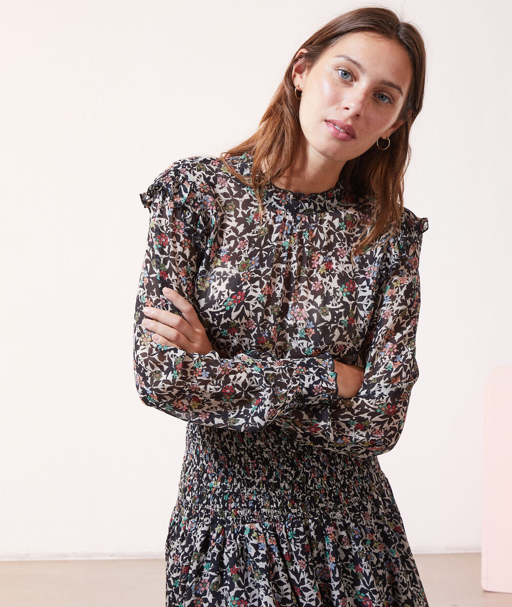 Blouse imprimé fleuri noir.