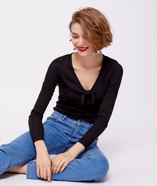T-shirt décolleté noué noir.