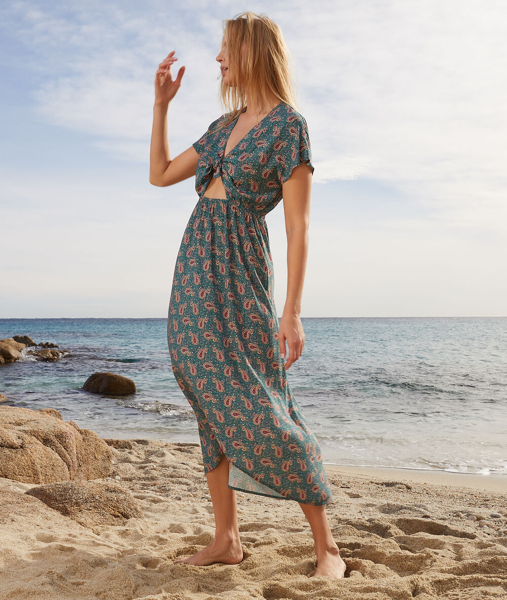 Robe longue décolleté noué imprimée sauge.