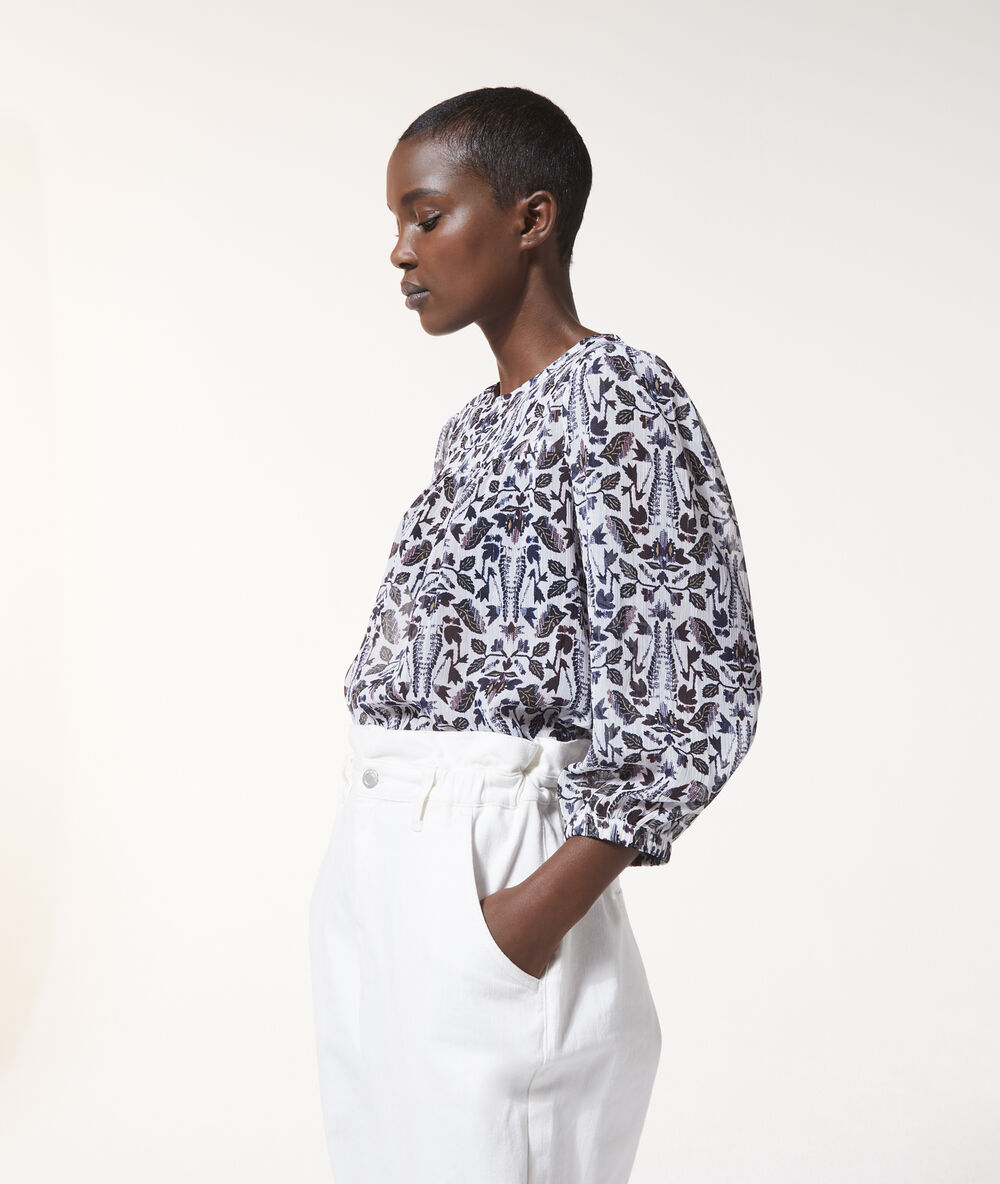 Blouse col rond imprimé fleurie ecru.