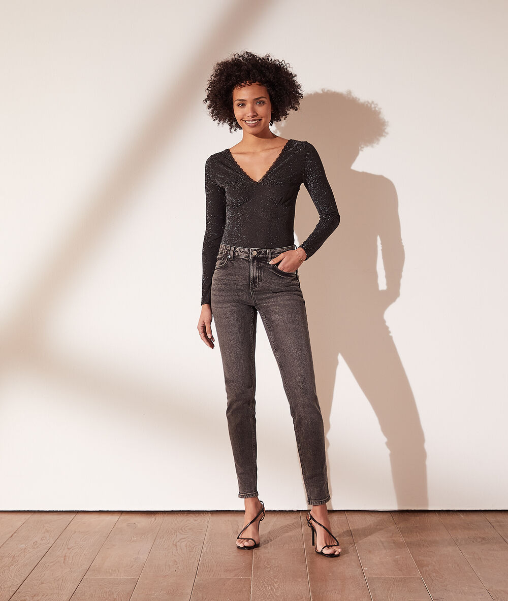 Body pailleté décolleté dentelle noir.