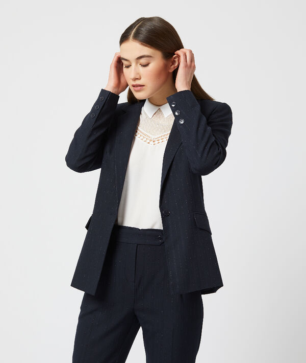 Veste de tailleur à rayures et fils métallisés marine.