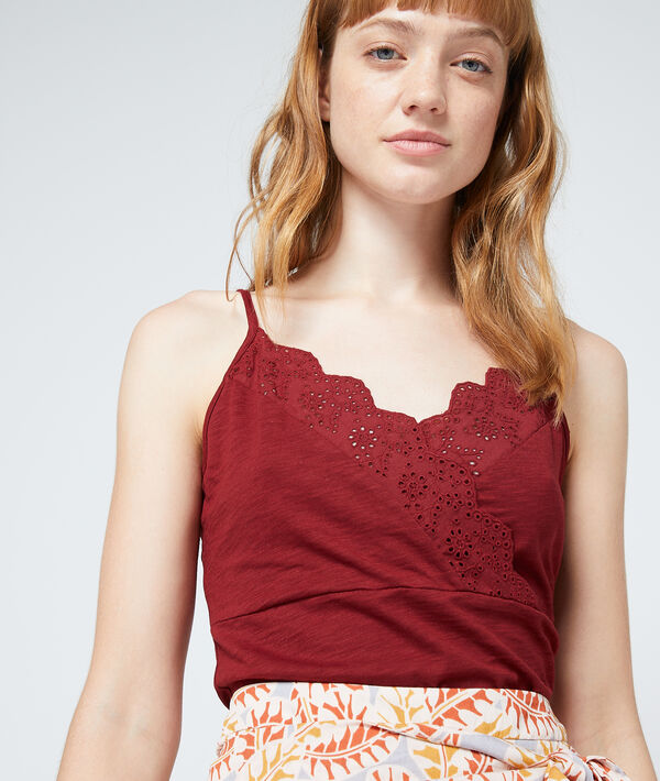 Top décolleté cache-cœur en coton grenat.