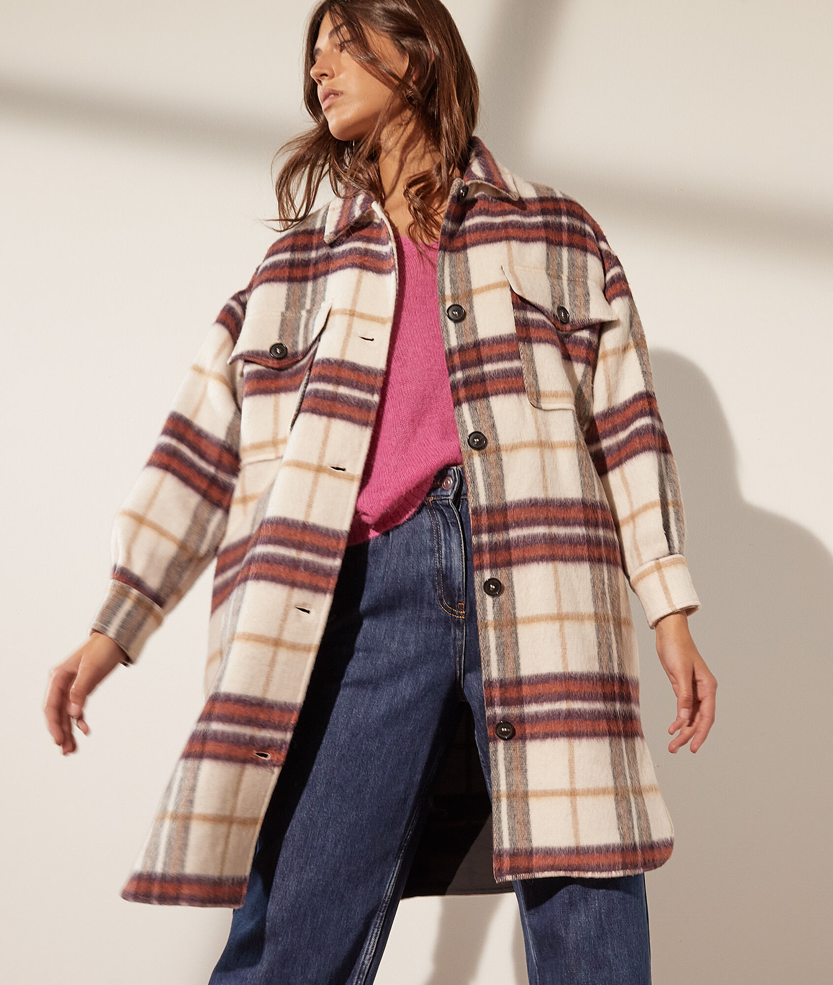 Manteau mi-long à carreaux - Dorne - S - Ecru - Femme - Etam