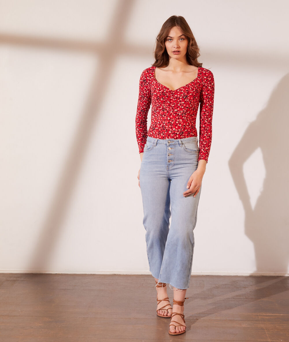 Body manches longues imprimé fleuri rouge.