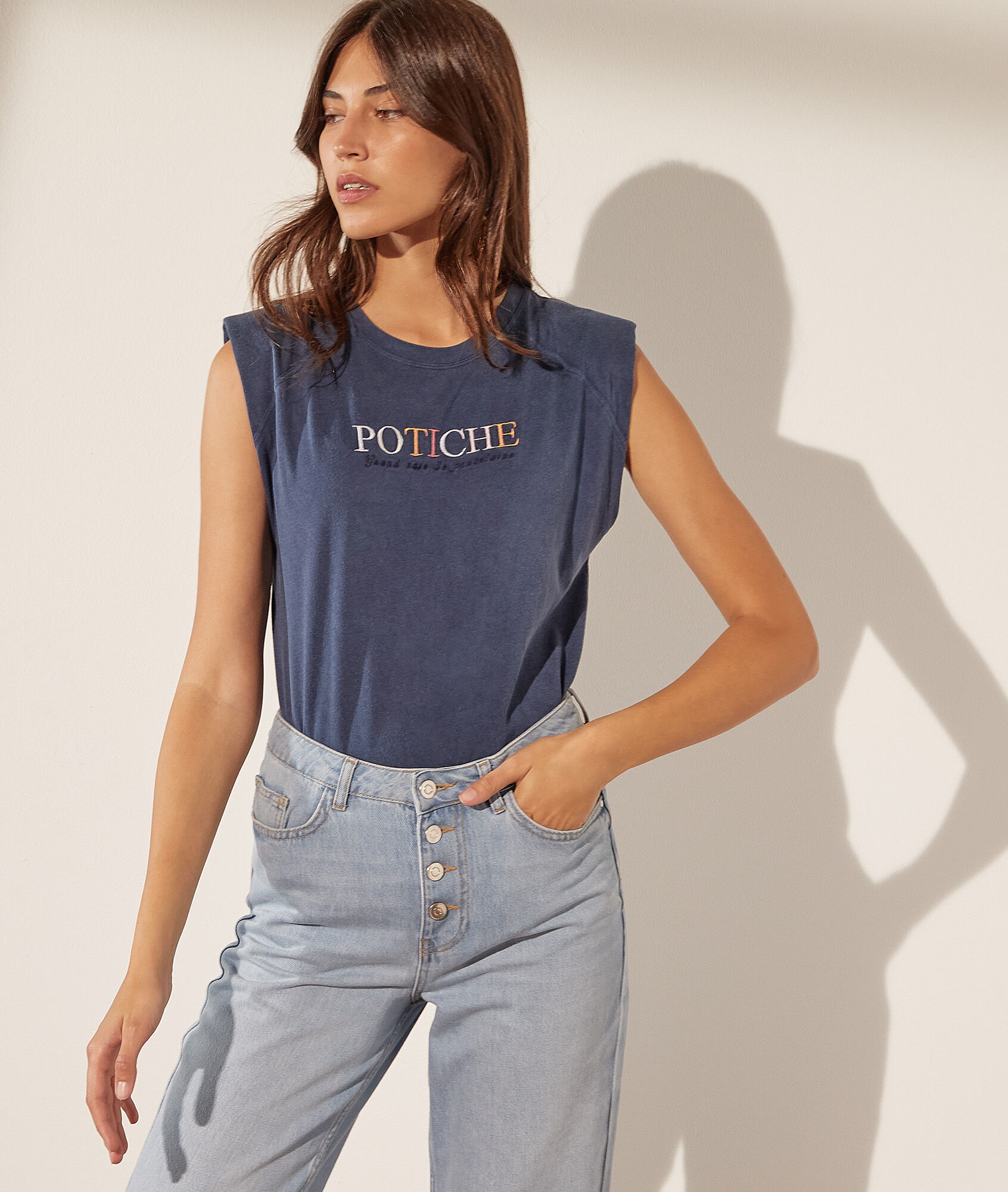 T-shirt épaulettes en coton 'potiche' - Julia - XS - Bleu - Femme - Etam