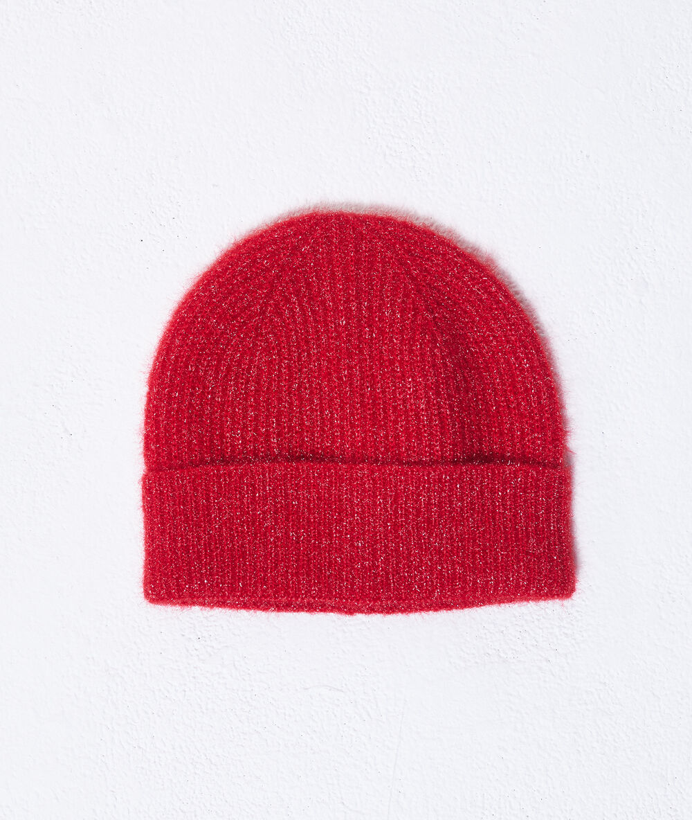 Ensemble bonnet et écharpe à fils métallisés rouge.
