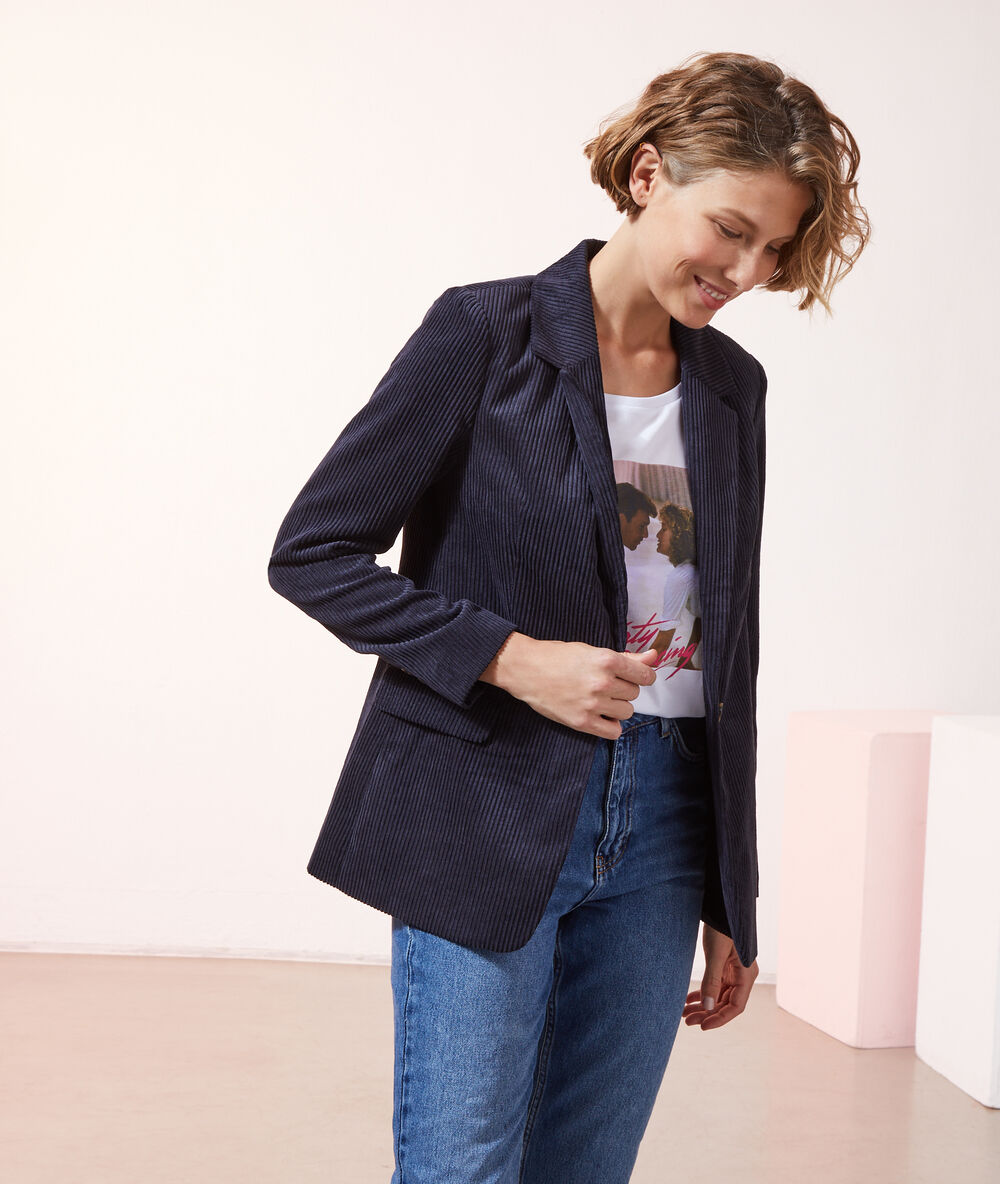 Veste de tailleur en velours côtelé bleu marine.