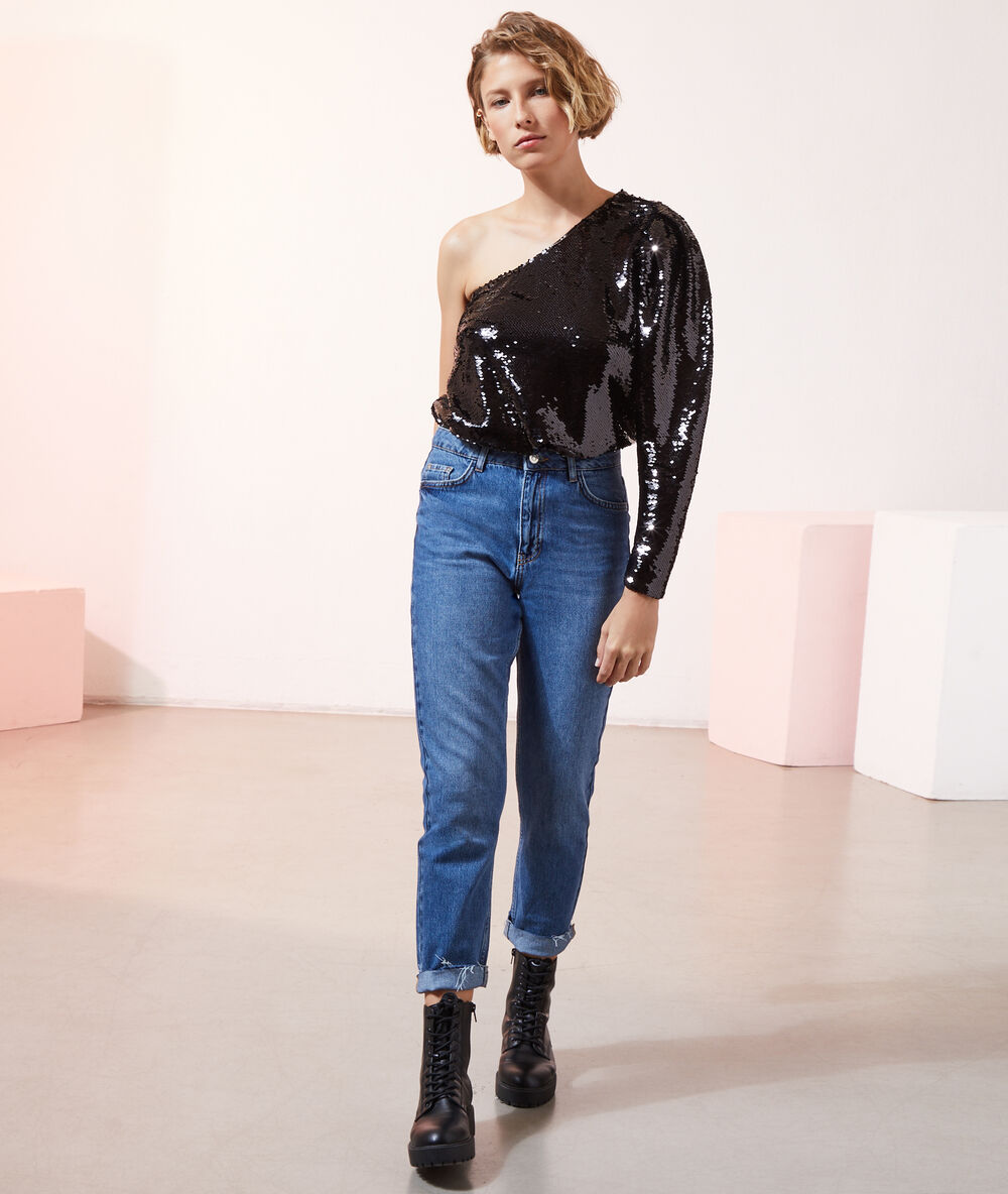 Top asymétrique à sequins noir.