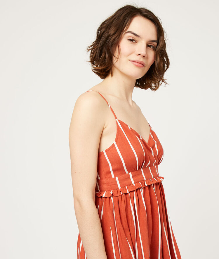 Robe rayée à fines bretelles brique.