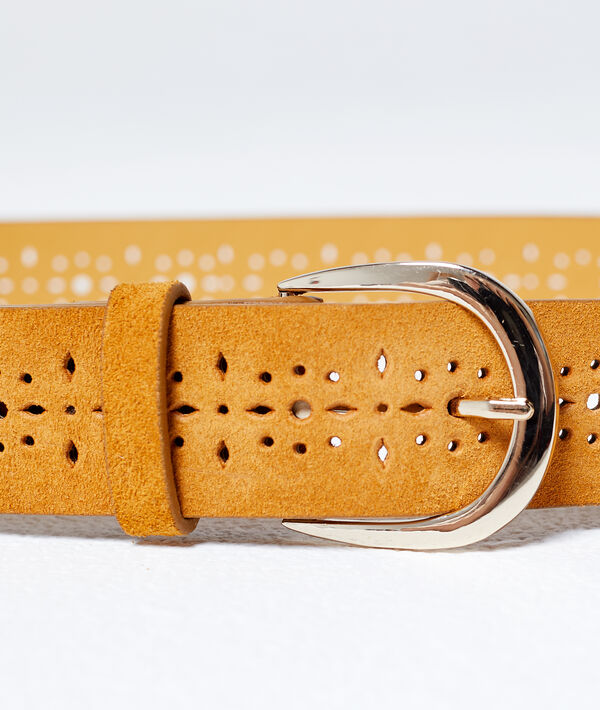 Ceinture perforée en croûte de cuir curry.