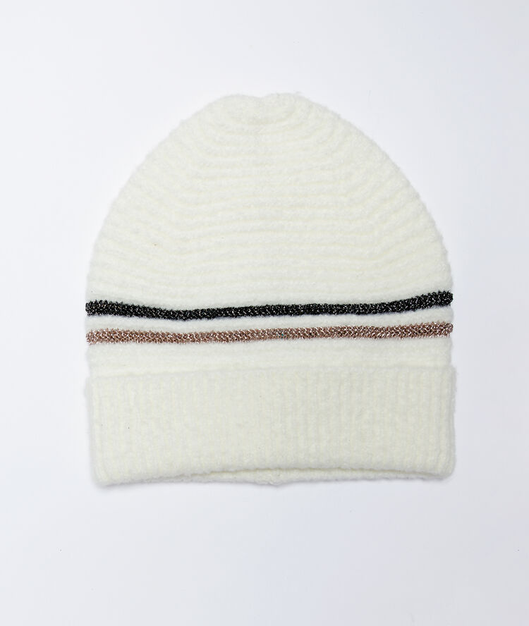 Bonnet à fils métallisés ecru.