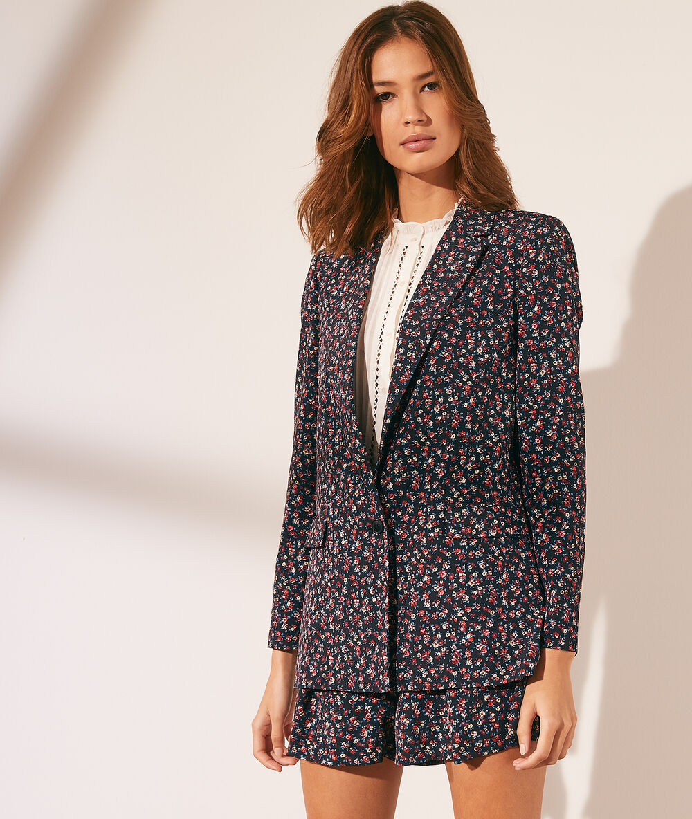 Veste de tailleur imprimé fleuri noir.