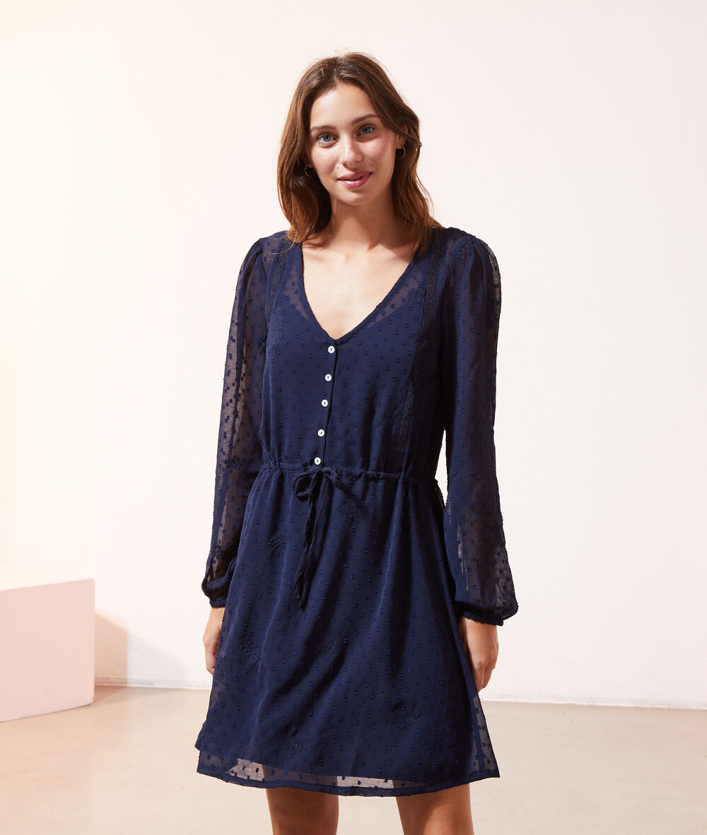 Robe en plumetis à nouer marine.