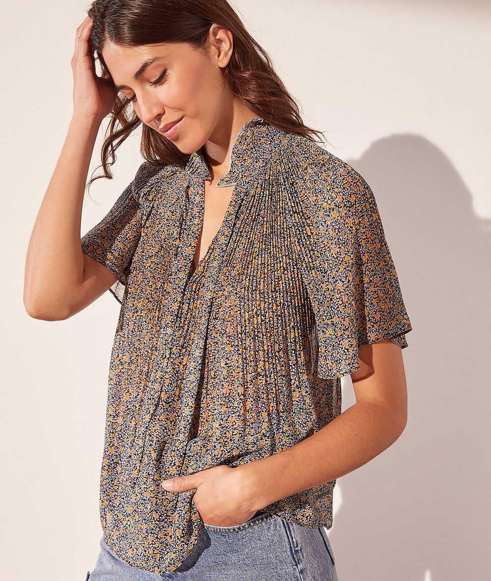 Blouse col lavallière imprimée multicolore.