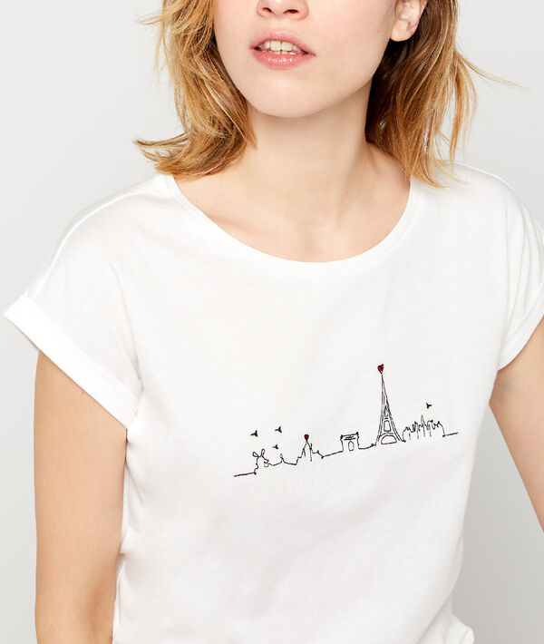 T-shirt imprimé à broderies 100% coton ecru.