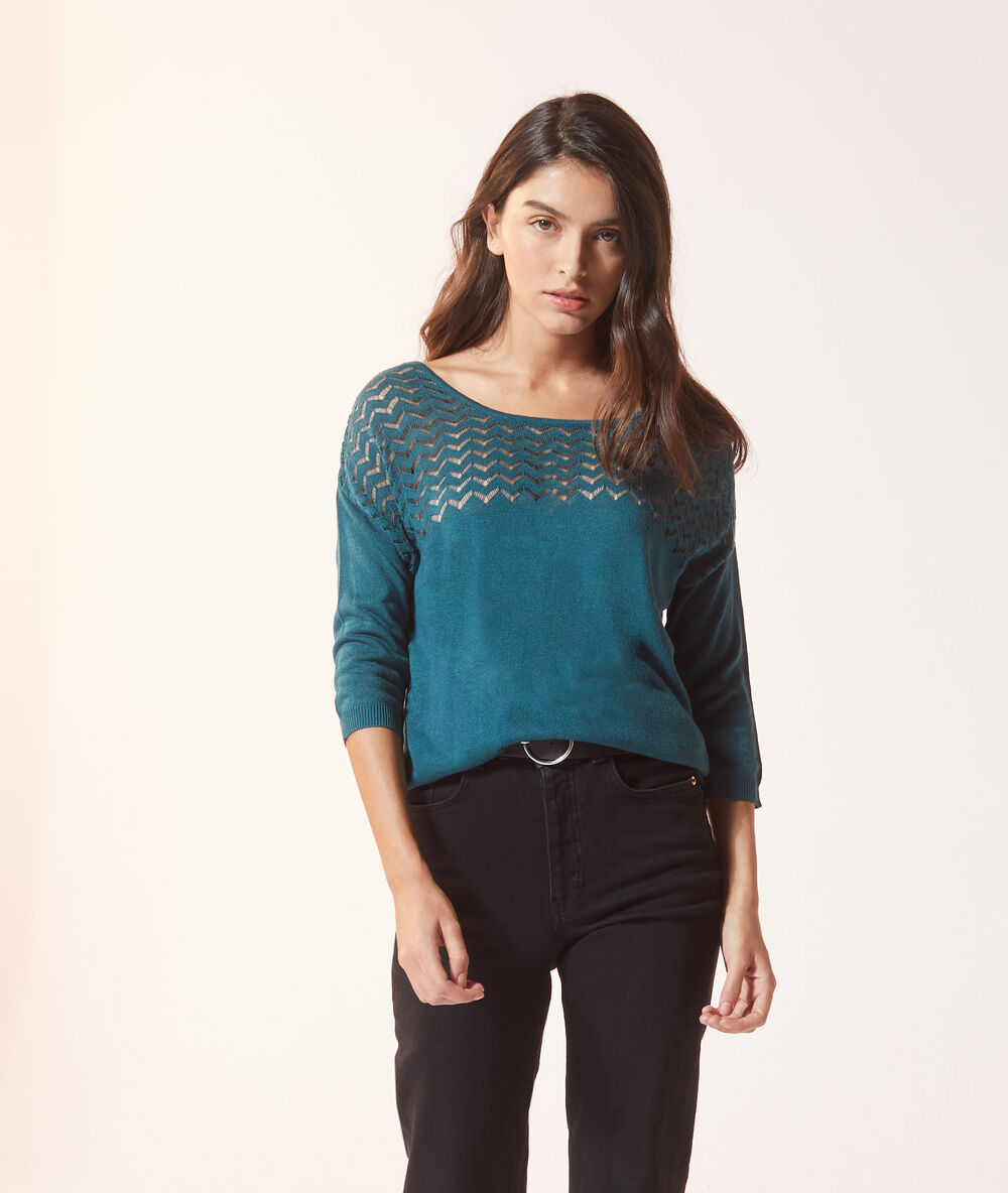 Pull en maille ajourée vert paon.