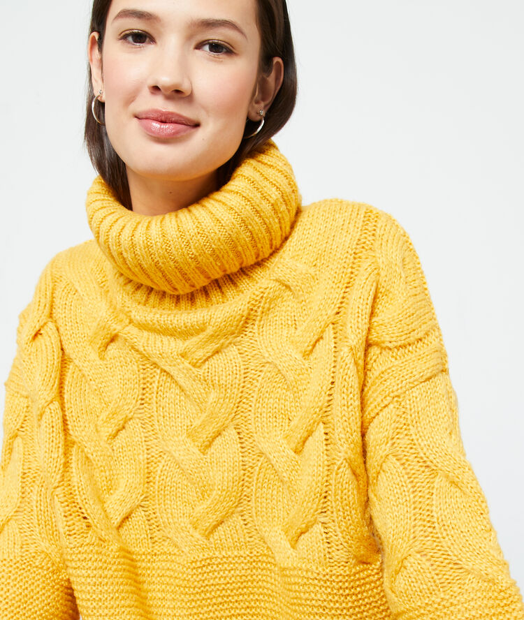 Pull col roulé en maille torsadée curry.