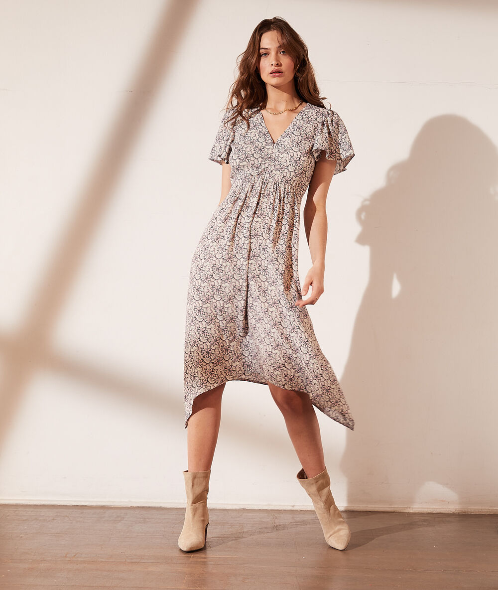 Robe midi dos ouvert motif fleuri ecru.