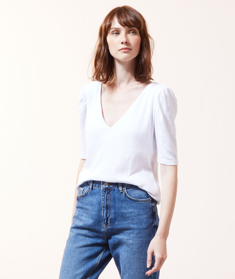 Top col v 2 en 1 - brassière intégrée ecru.