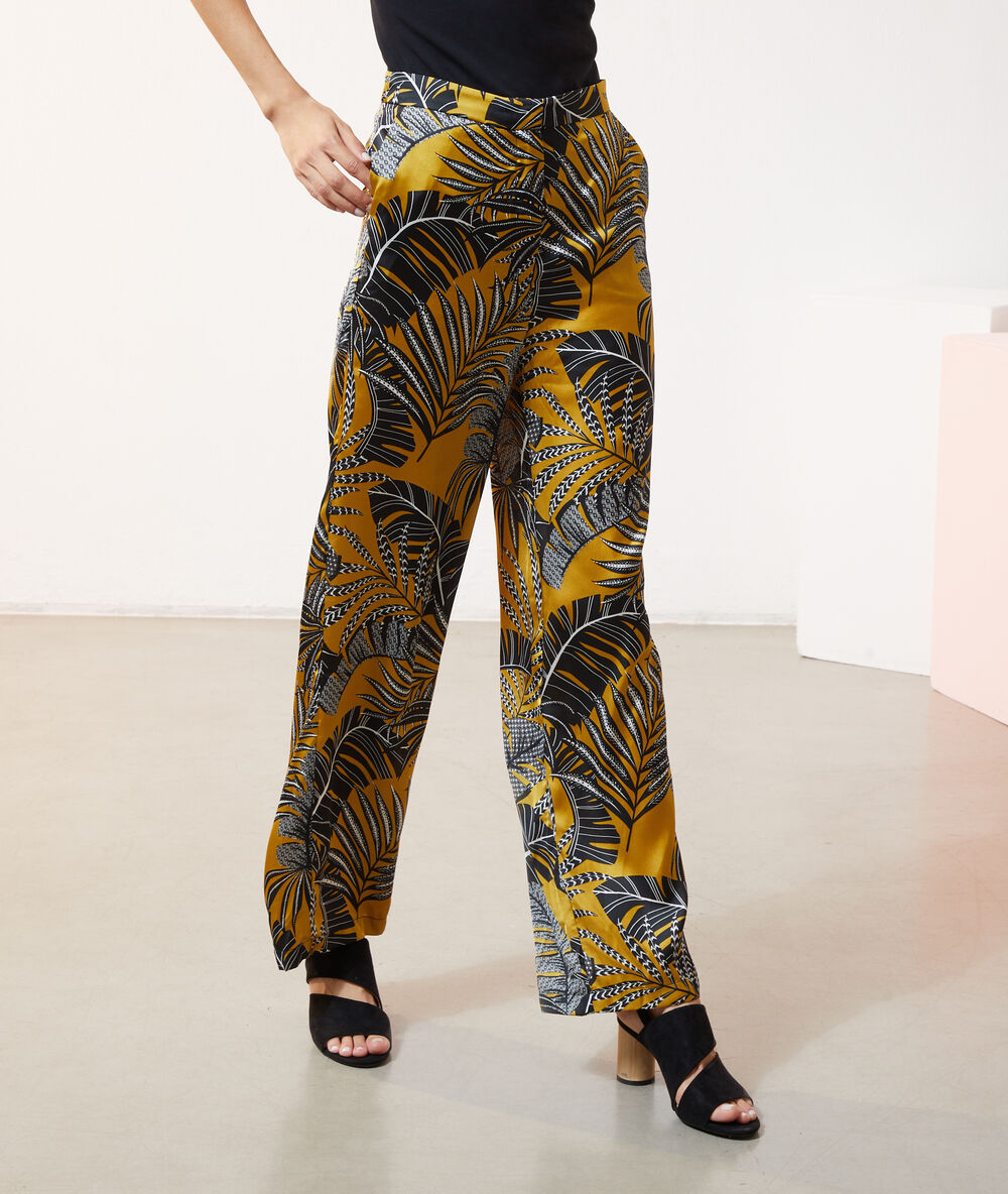 Pantalon satiné imprimé feuillage olive.