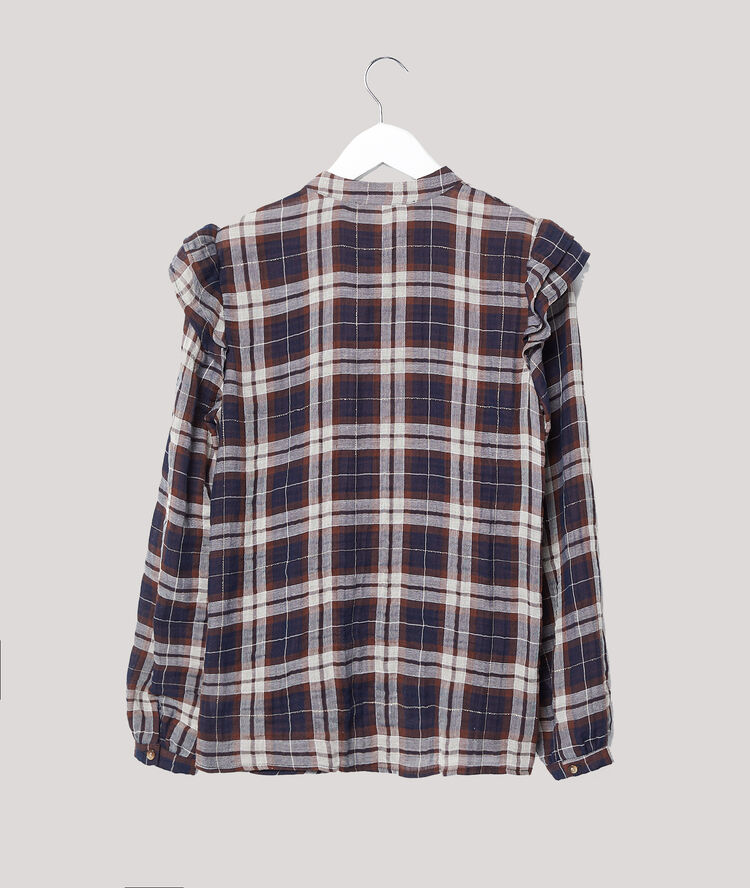 Chemise volantée à carreaux marine.