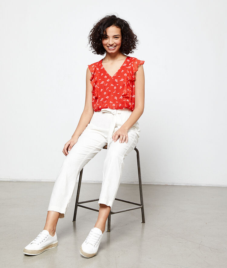 Blouse imprimée à volants geranium.