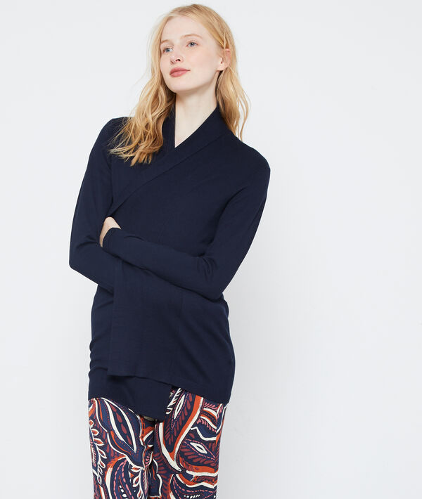 Gilet col chale en maille fine marine.