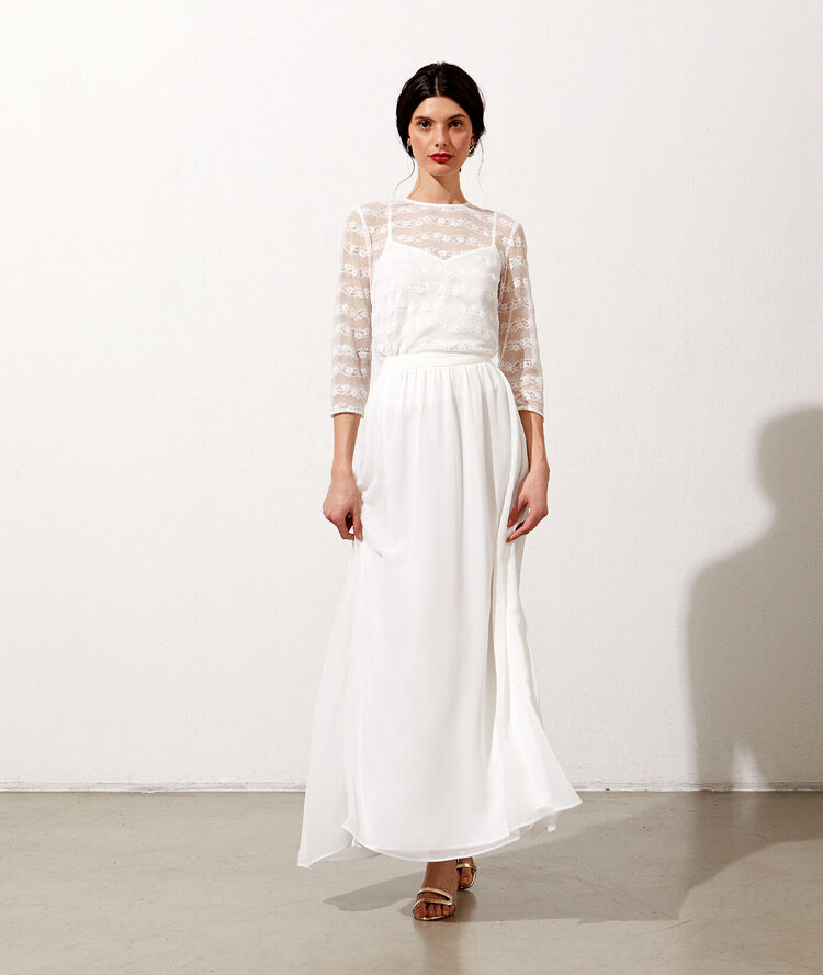 Top en tulle de dentelle fleurie ecru.