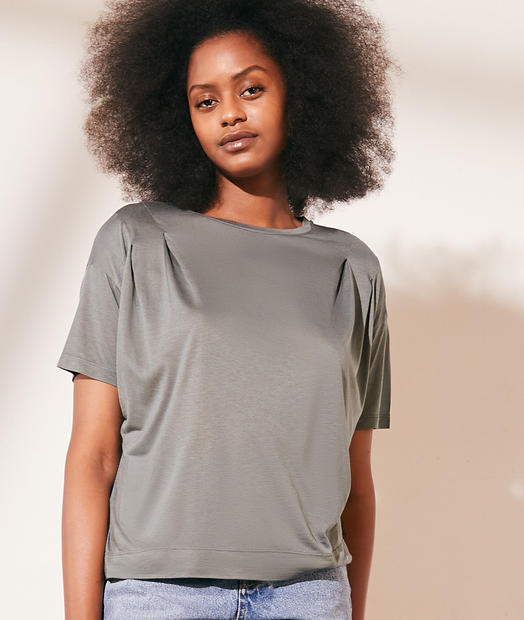 T-shirt col rond - Louna - XS - Vert - Femme - Etam