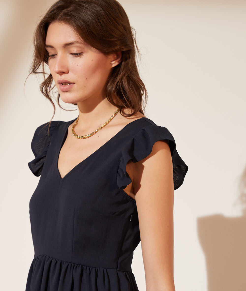 Robe dos ouvert manches à volants marine.