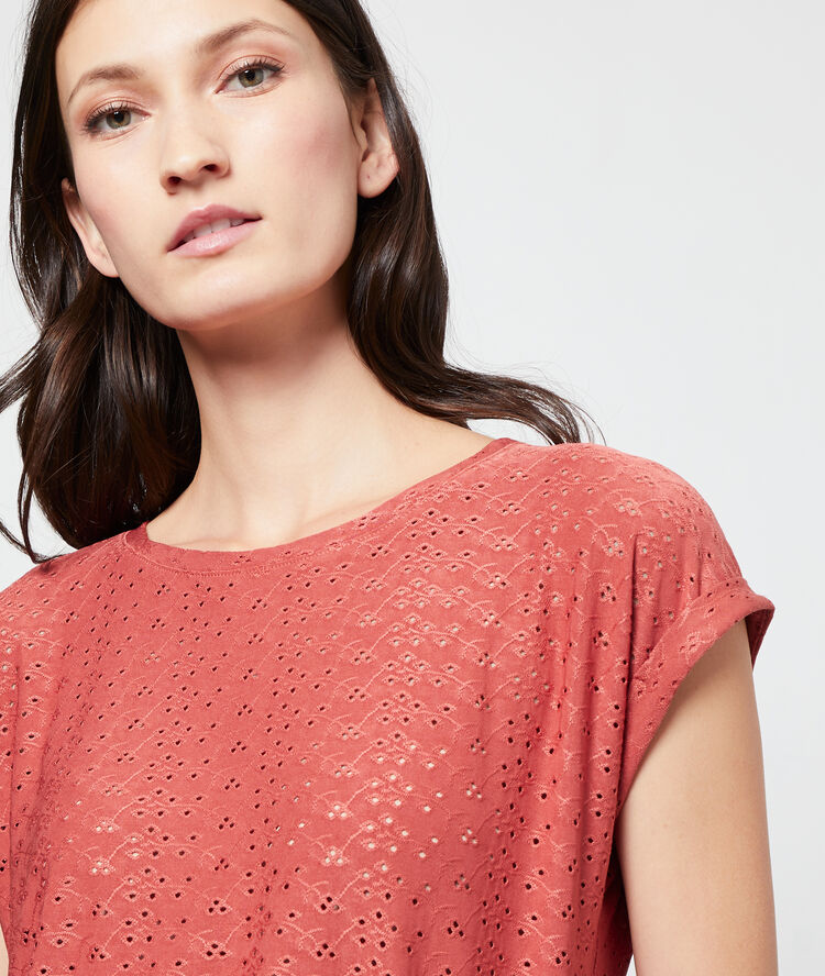T-shirt col rond ajouré brique.