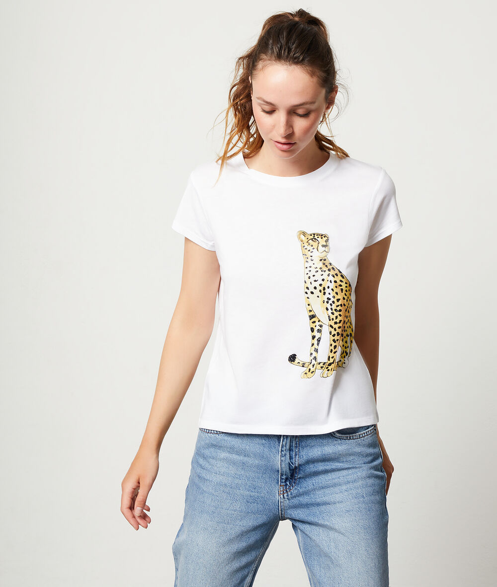 T-shirt sérigraphie léopard blanc.