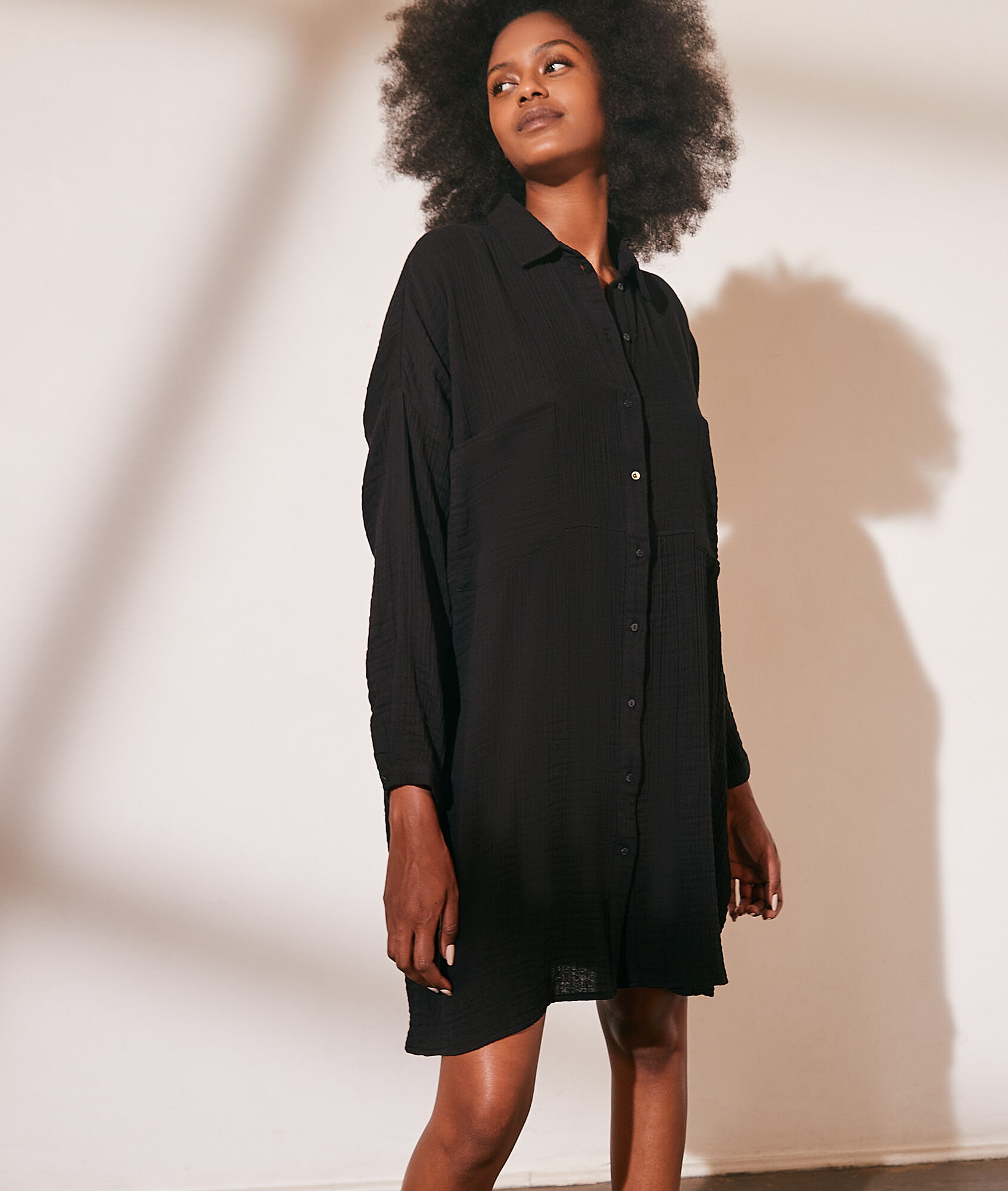 Robe chemise en gaze de coton - Martine - S - Noir - Femme - Etam