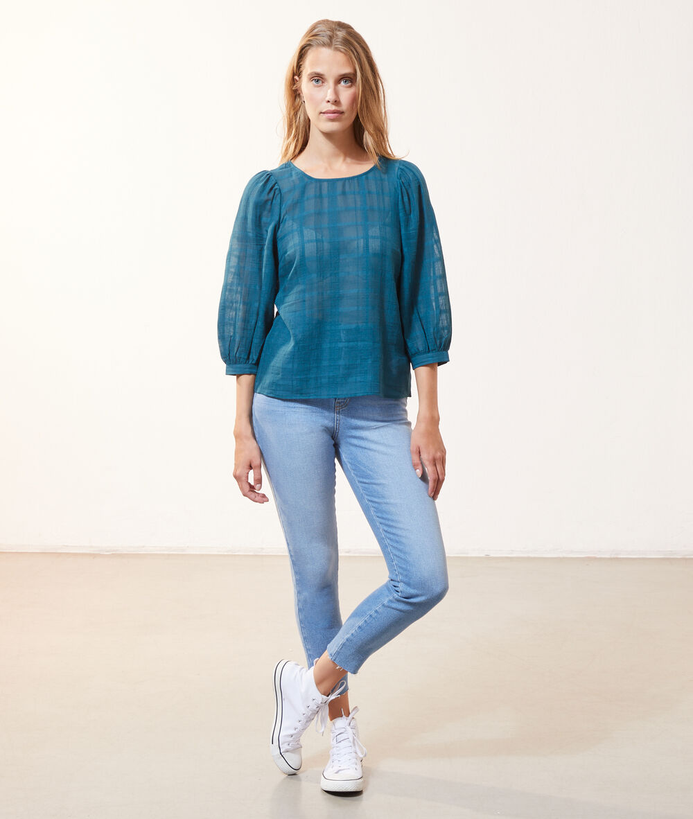 Blouse à carreaux boutonnée dos vert paon.