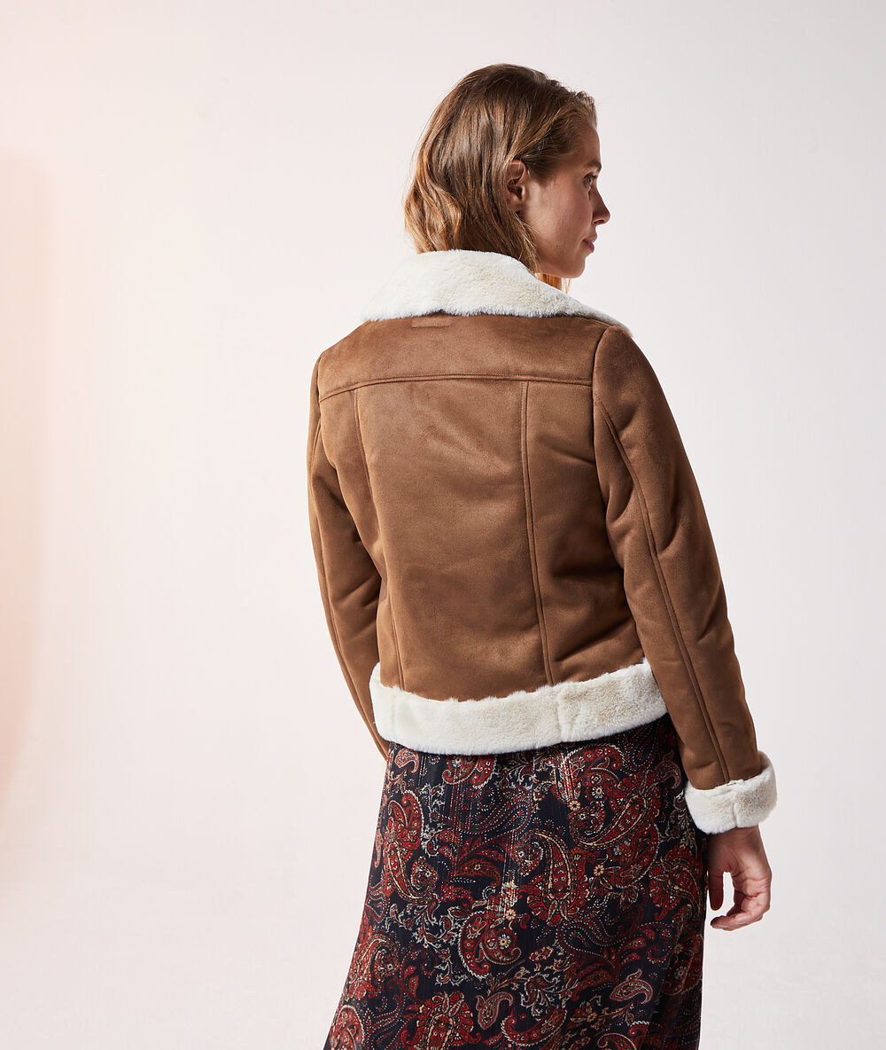 Veste de biker effet daim et fausse fourrure camel.