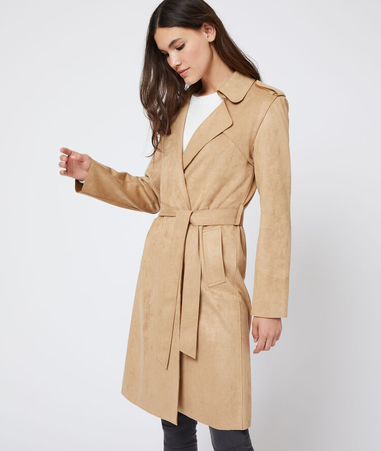 Manteau ceinturé effet daim ecru.