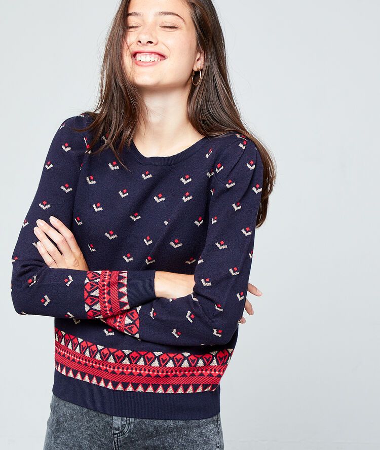 Pull à motifs en maille fine marine.