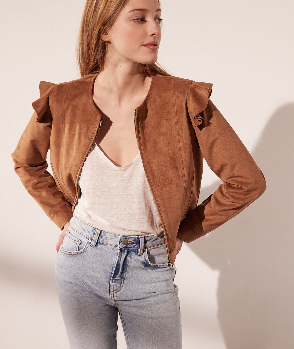 Veste effet daim manches à volants camel.