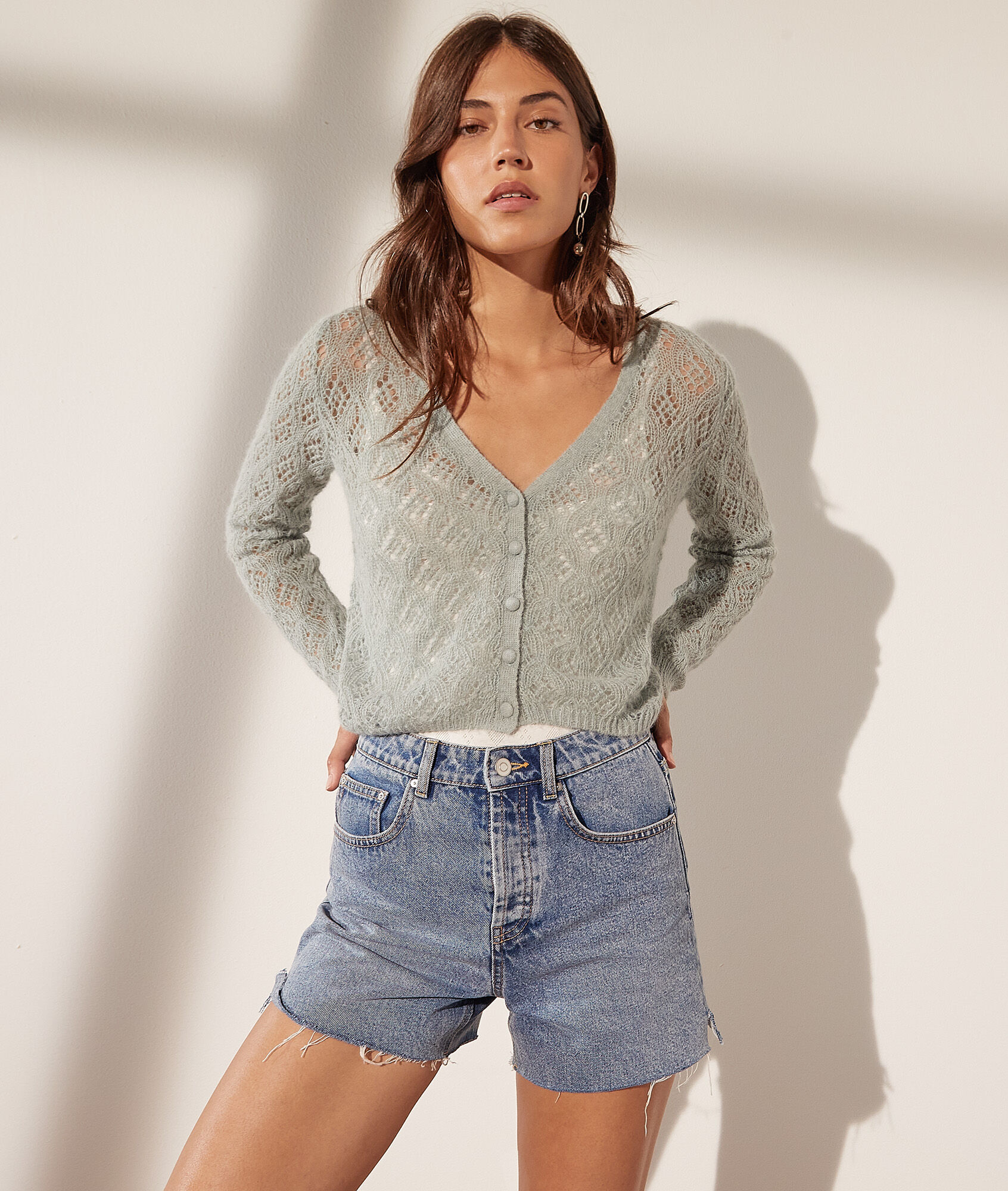 Gilet en maille ajourée - Marnie - XS - Vert - Femme - Etam