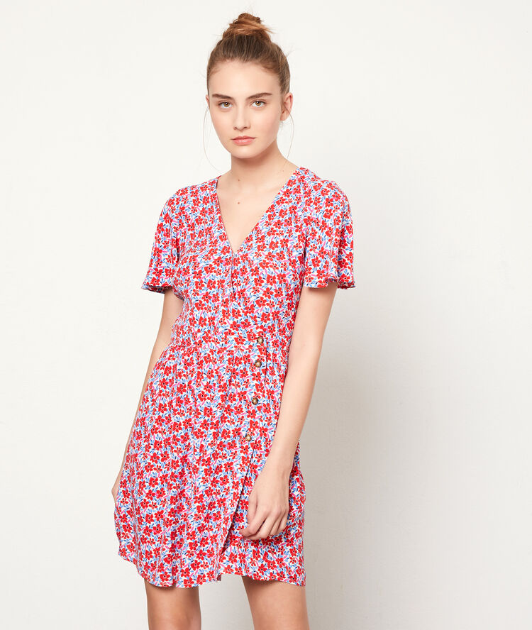 Robe imprimé fleuri à boutons geranium.