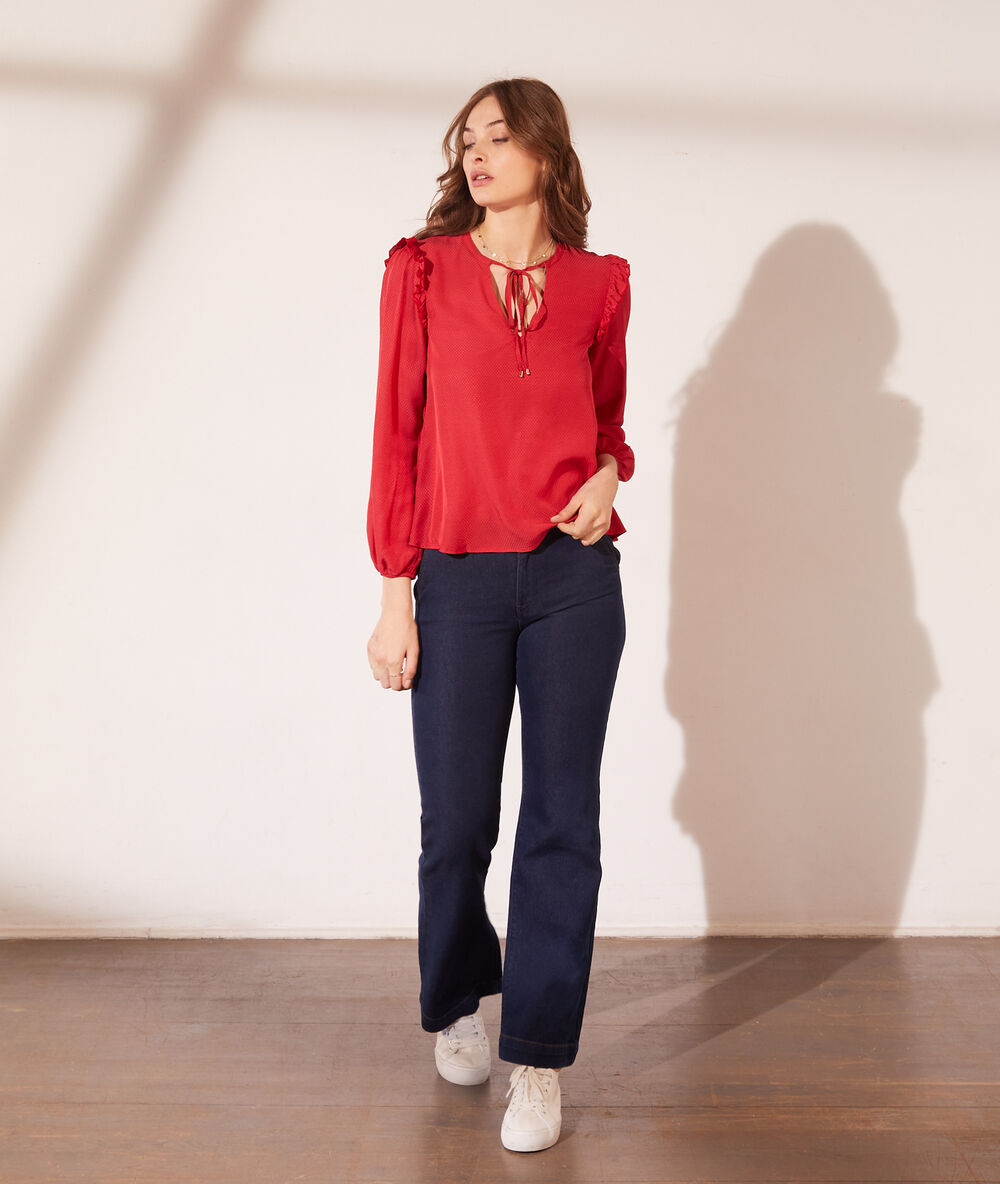 Blouse jacquard satinée à volants 2 en 1 - brassière intégrée fushia.