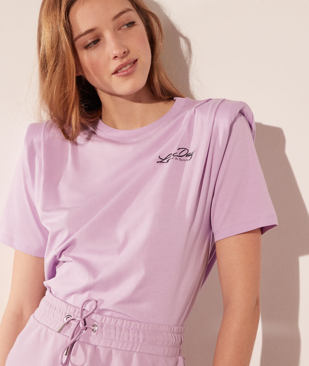 T-shirt à épaulettes "lazy day" lilas.