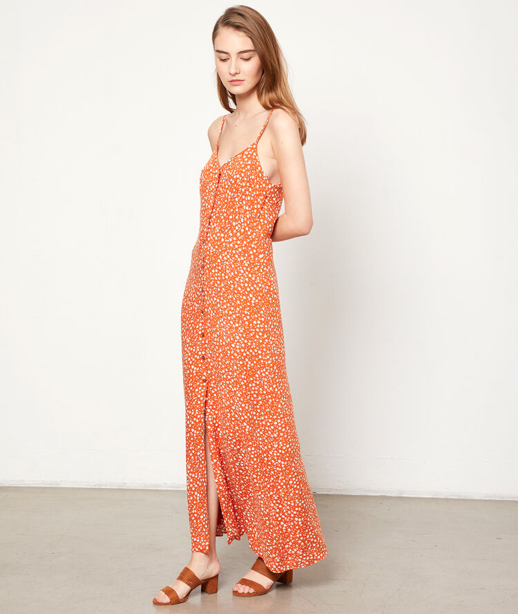 Robe longue fendue tangerine.