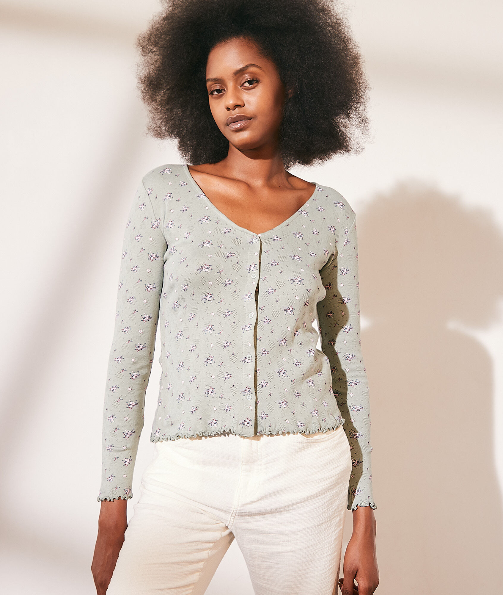 Gilet maille pointelle en coton - Pola - XS - Vert - Femme - Etam